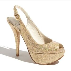 Stuart Weitzman Vevey Gold Glitter Slingback Pumps